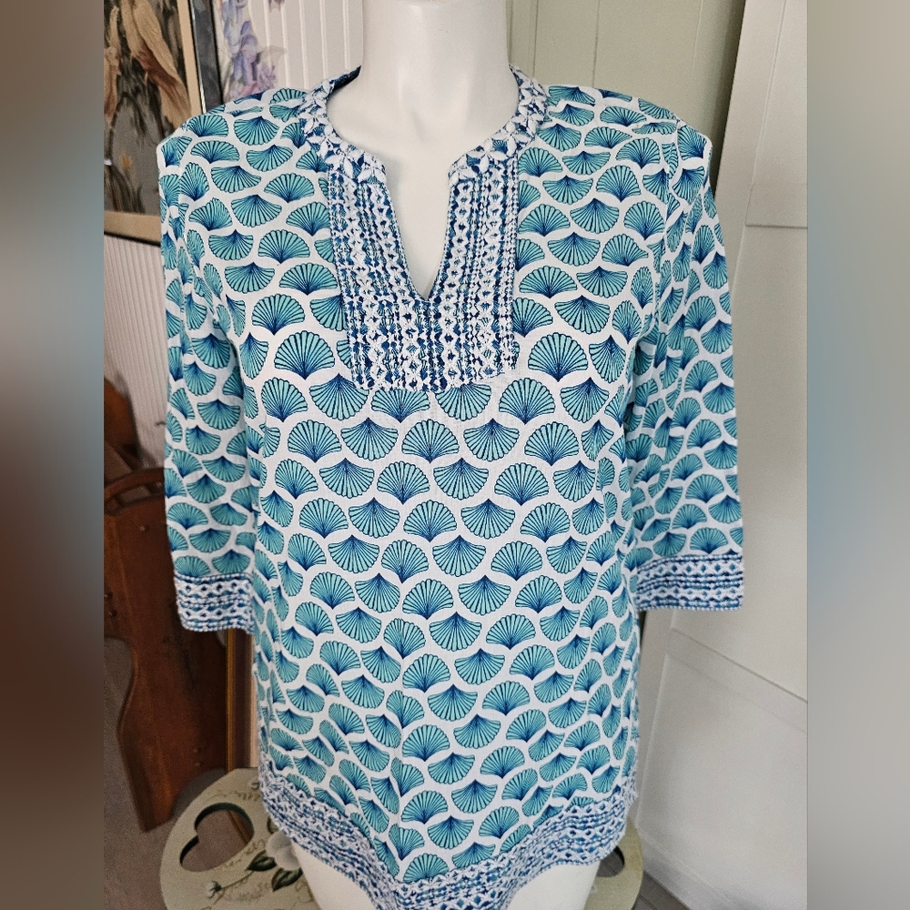 Sigrid Olsen Seashell Print Embroidered Tunic Womens Lg 20" 100% Cotton